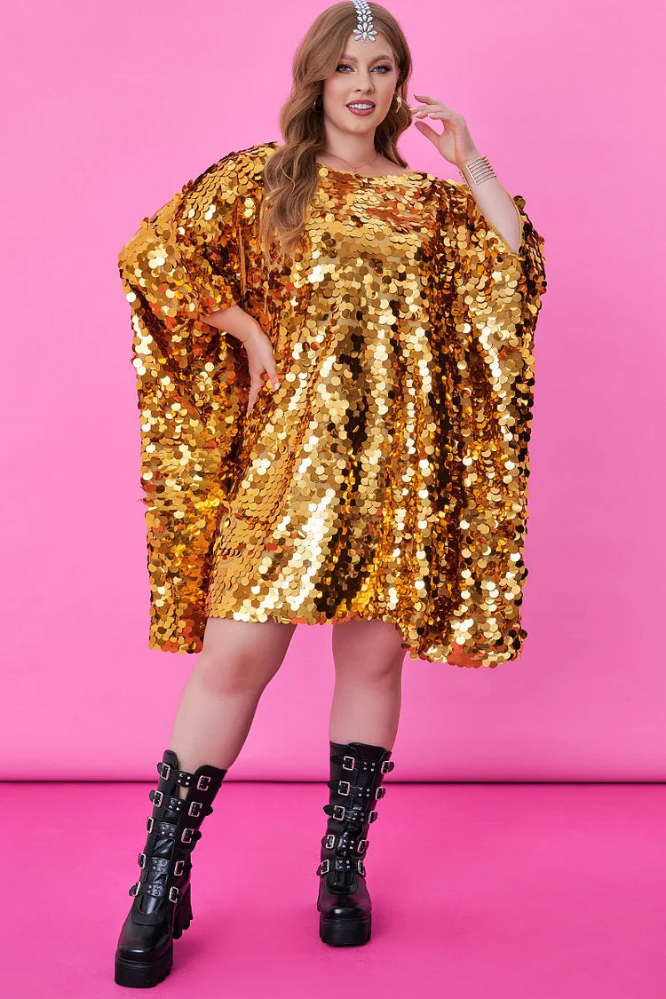 Xpluswear Design Plus Size Gold Party Reflective Sequin Batwing Sleeves One Shoulder Mini Dress