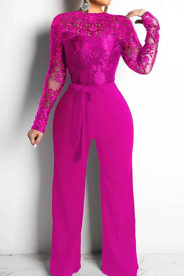 Plus Size Rose Red Semi Formal See-Through Lace Long Sleeve Black Jumpsuits Image