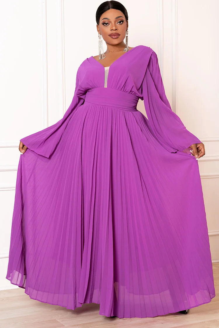 Design Plus Size Purple Formal Pleated Bell Sleeve High Waist V Neck Maxi Dresses(Ships 24h)