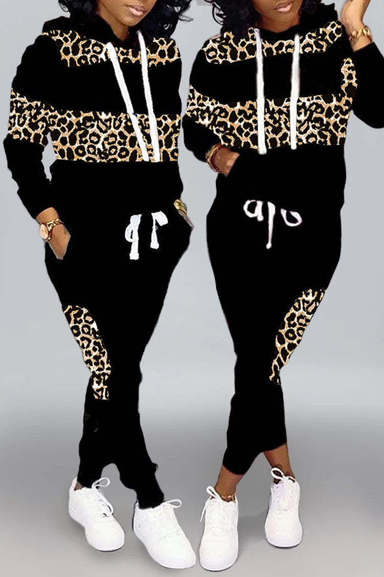 Plus Size Daily Camo Leopard Patchwork Long Sleeve Hooded Sports Two Pieces Pants Set
