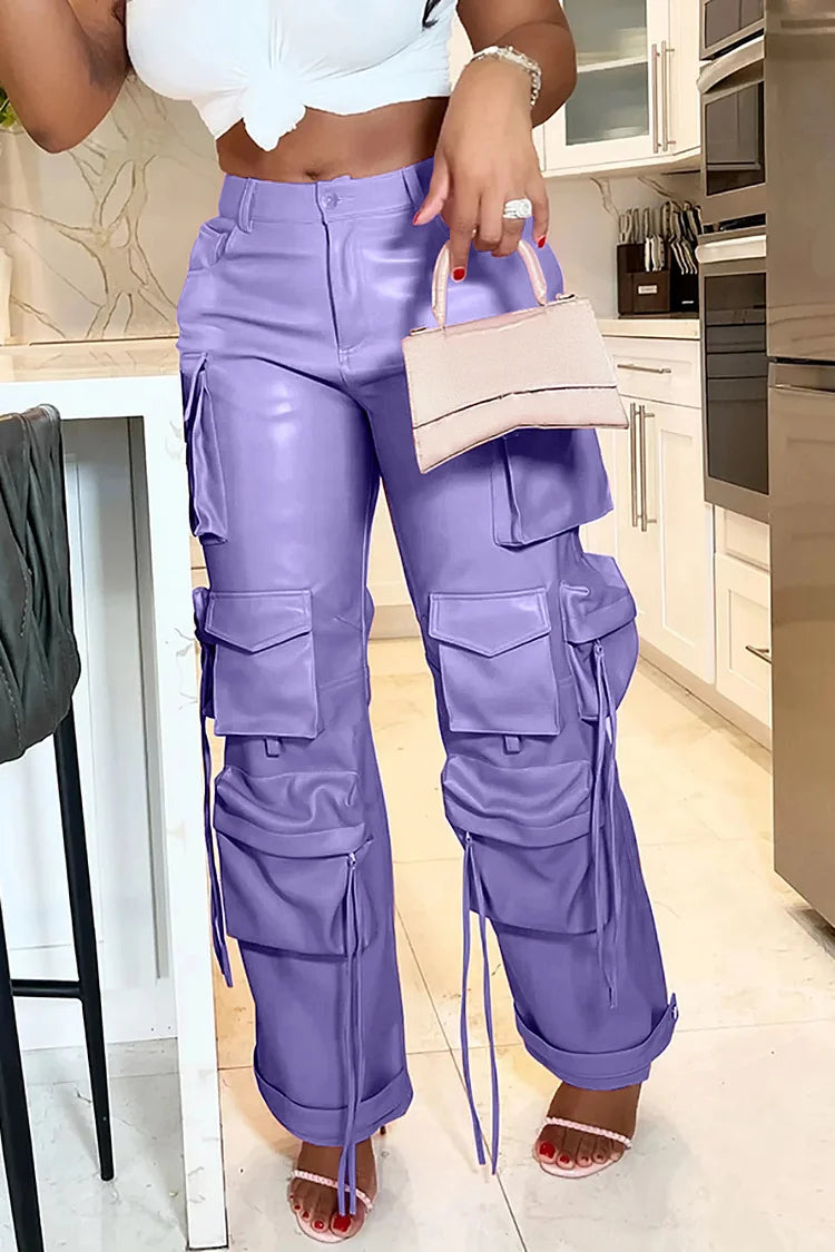 Plus Size Purple Daily PU Leather Pockets  Cargo Pants