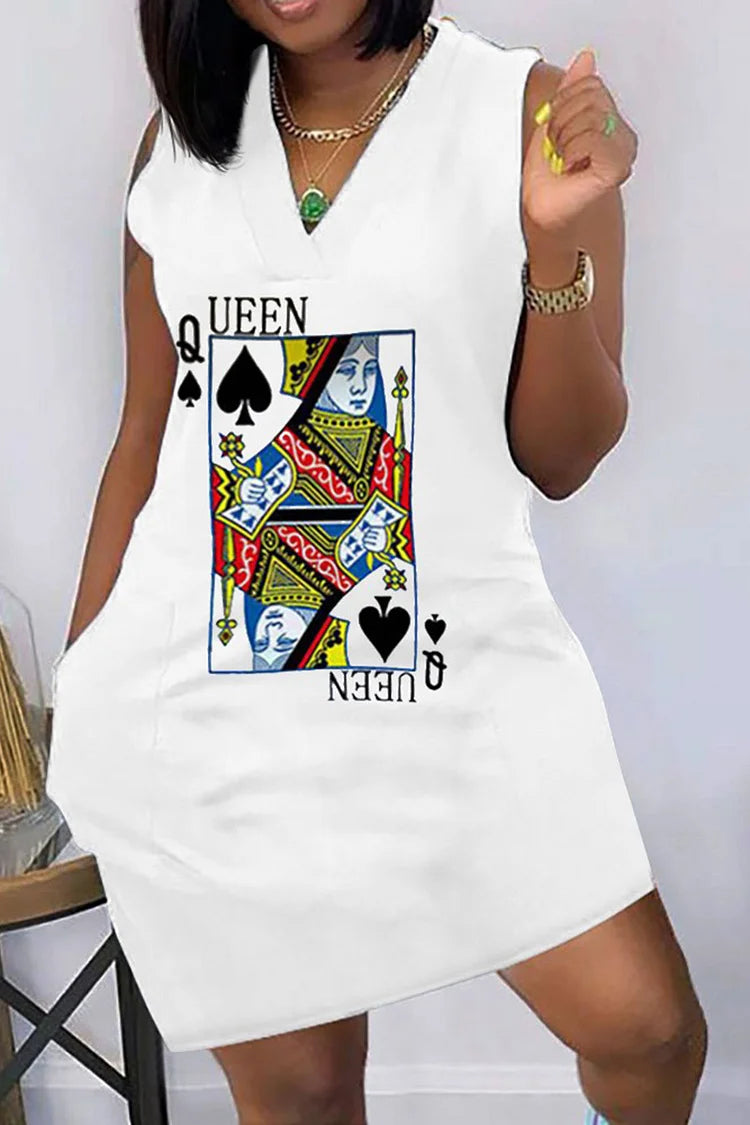 Plus Size White Daily V-neck Poker Print Mini Dress