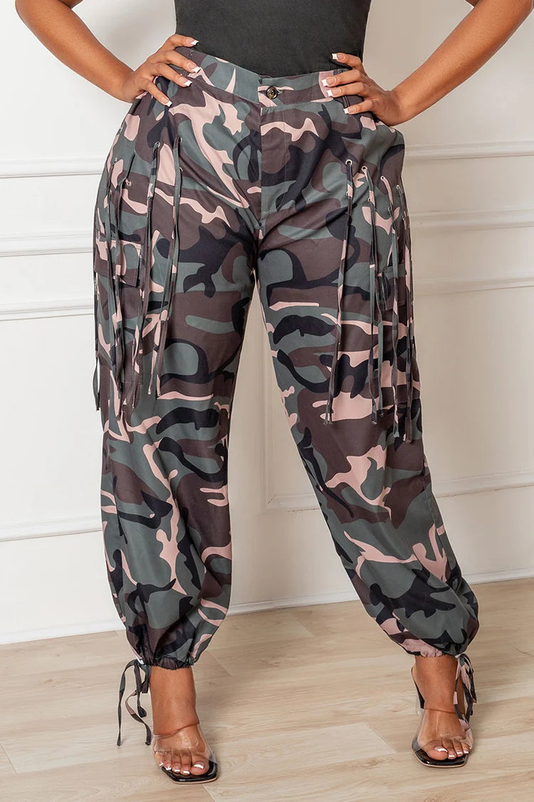Design Plus Size Casual Camo Tassels Cargo Pants