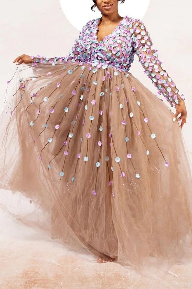Plus Size Champagne Party Tulle Petals Maxi Dress