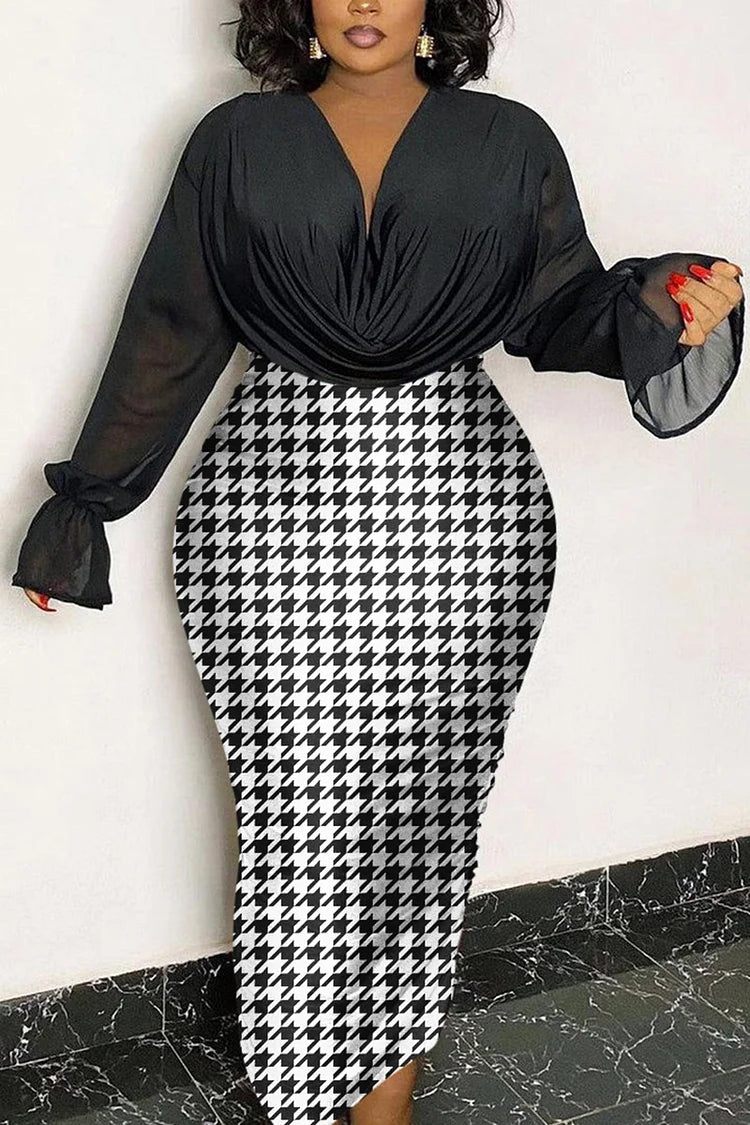 Plus Size Casual Houndstooth Print Black Ruched Bodycon Skirt