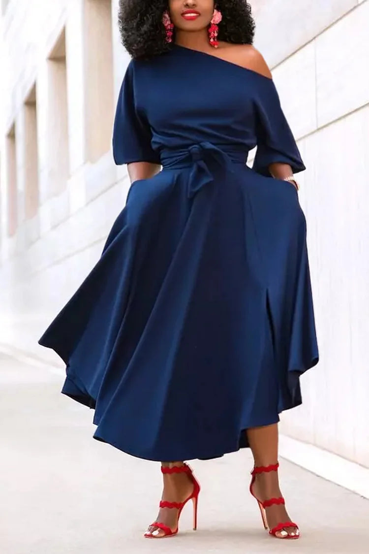 Xpluswear Plus Size Elegant One Shoulder Lace Up Pleated Half Shoulder With Pockets Midi Dresses