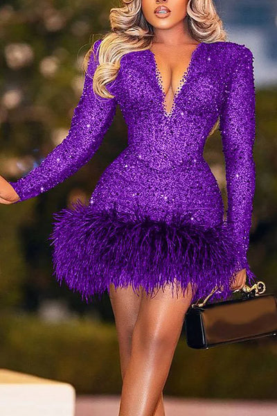 Plus Size Purple Party V Neck Long Sleeve Sequin Feather Mini Dress Plus Size Purple Party V Neck Long Sleeve Sequin Feather Mini Dress