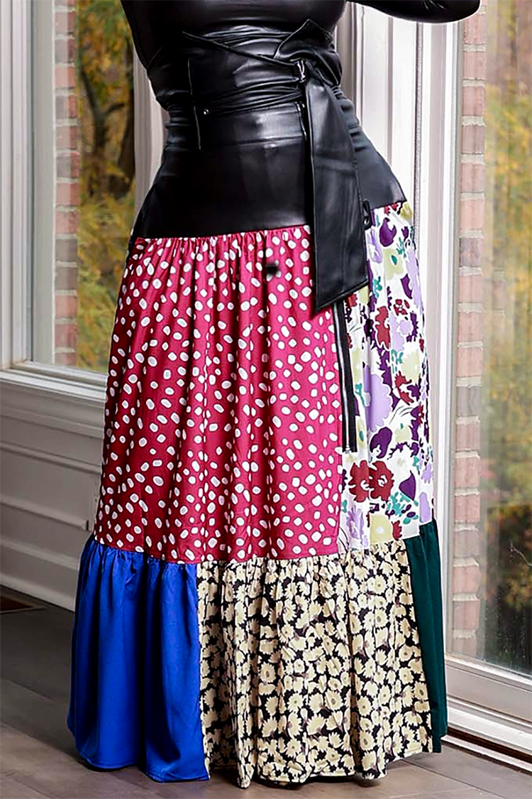 Plus Size Casual Pattern Print PU Leather Patchwork High Waist Skirt (With Belt)
