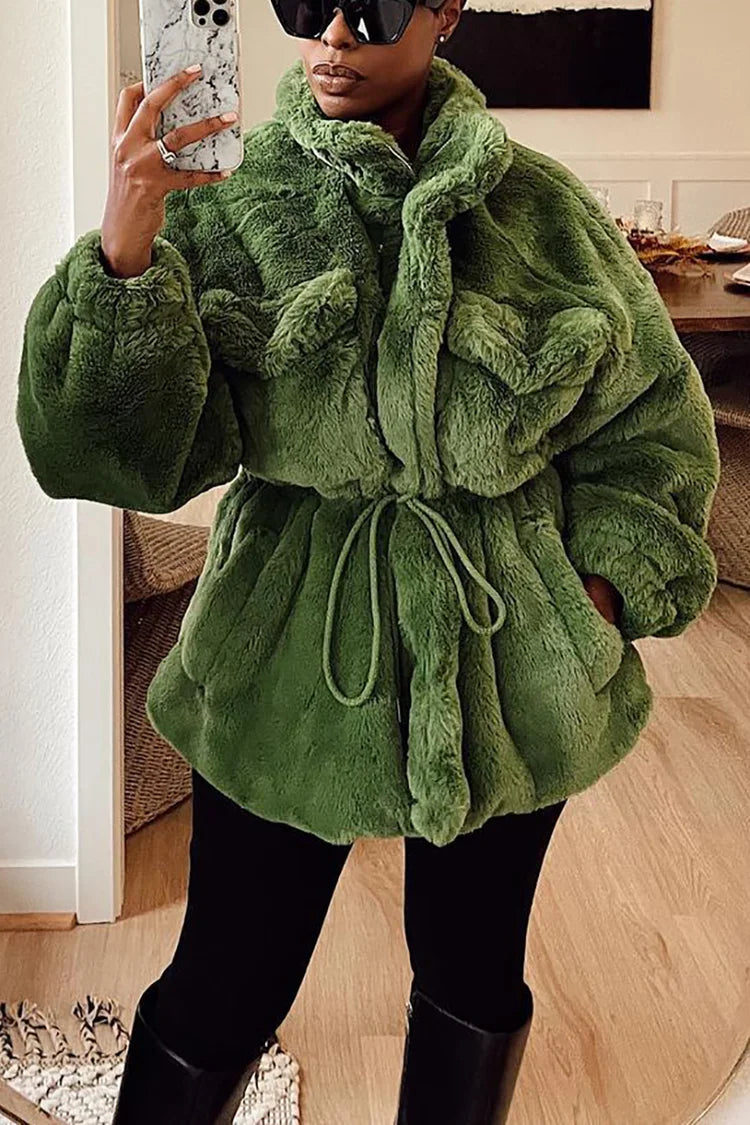 Plus Size Casual Green Faux Fur Oversized Jacket With Cinch Waist