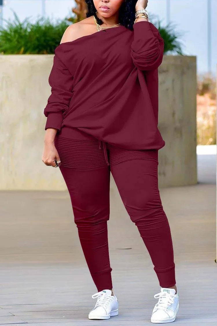 Plus Size Casual Burgundy Long Sleeves Oblique Collar Two Pieces Set