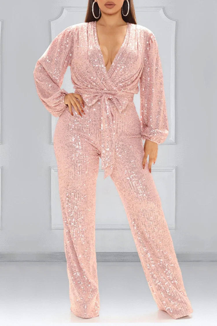 Xpluswear Plus Size Pink Party Sequin Lace Up Jumpsuits