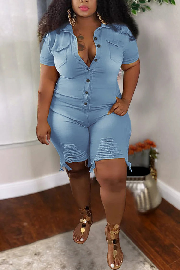 Plus Size Blue Daily Denim Short Sleeve Rompers