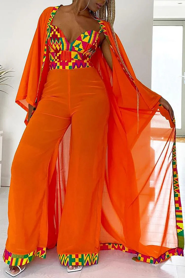 Plus Size Vacation Orange Jumpsuit 3pcs Kimono Wide Leg Pant Sets