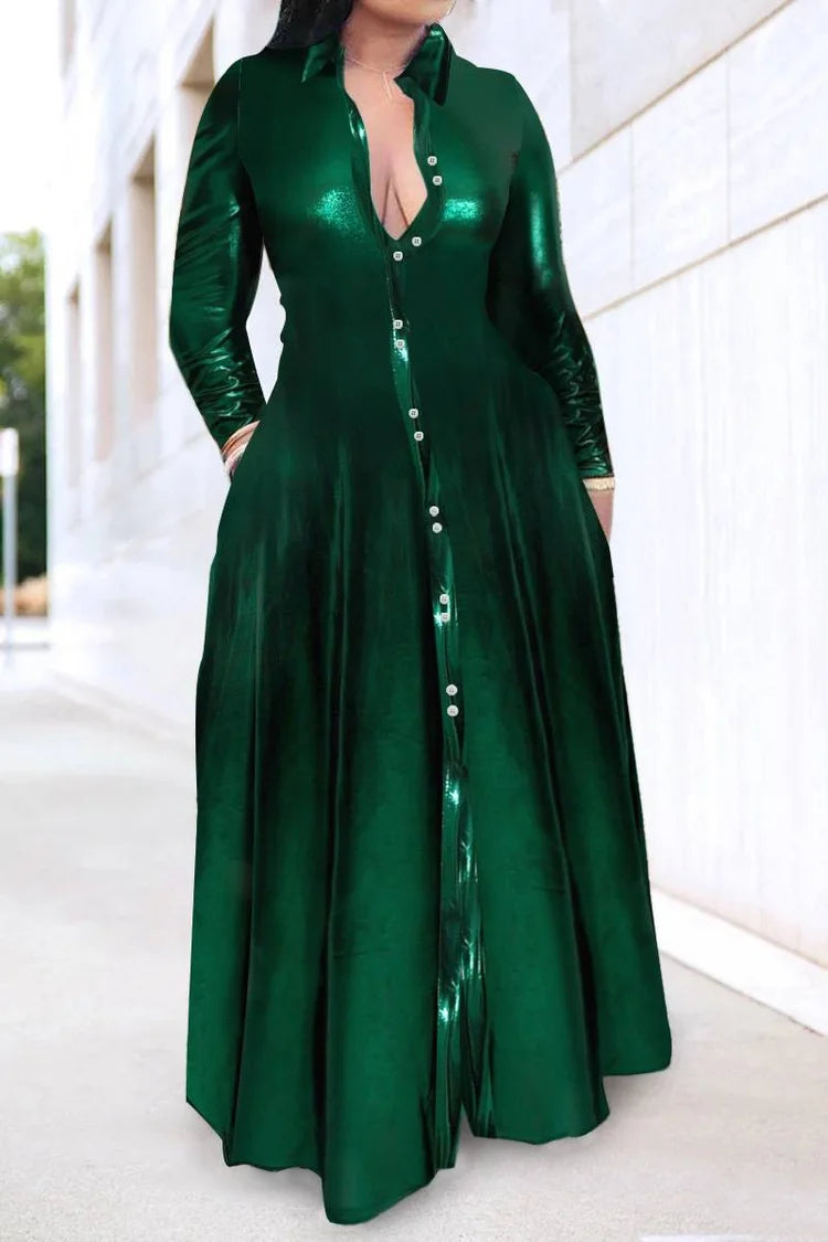 Plus Size Green Daily Glitter Turndown Collar With Button Pockets Long Sleeves Maxi Dress