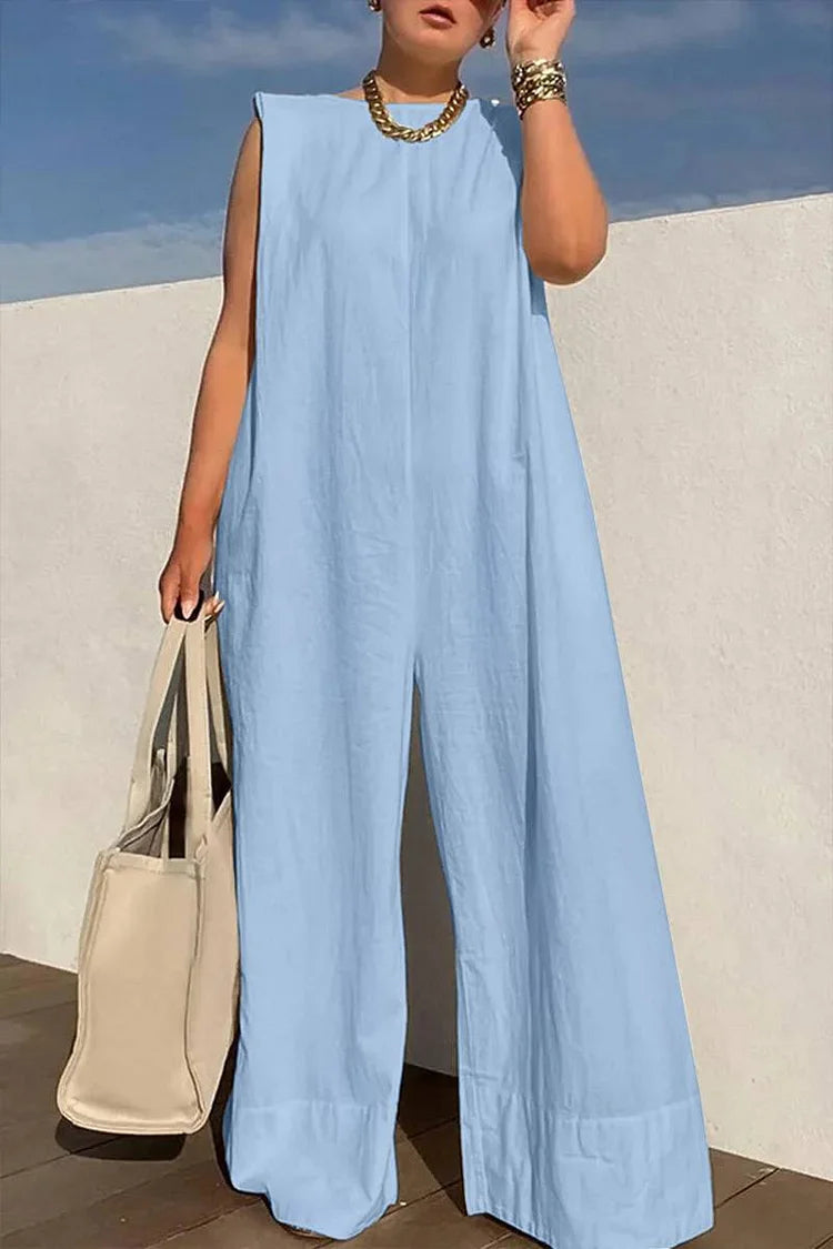 Plus Size Blue Casual Round-neck Sleeveless Wide Leg Jumpsuits