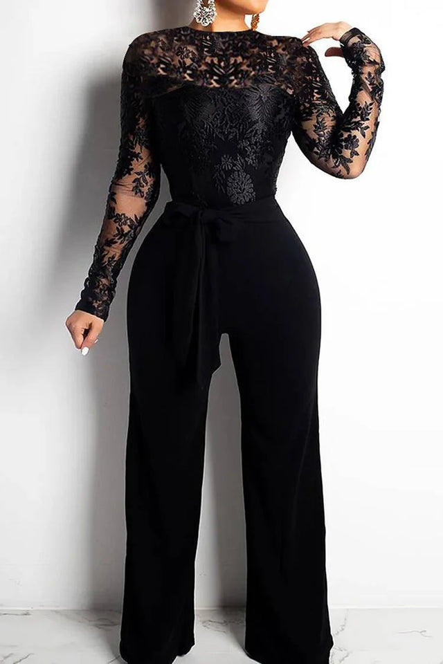 Xpluswear Plus Size Semi Formal See-Through Lace Long Sleeve Black Jumpsuits Image