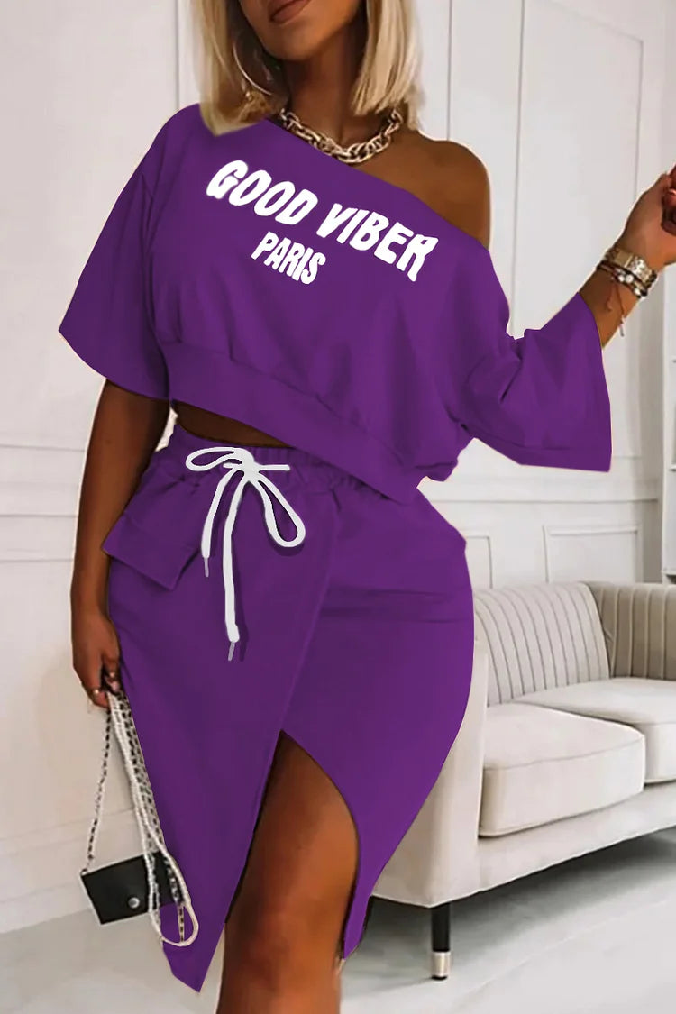 Plus Size Purple Daily Letter Print Side Slit Mid-Sleeves Two Pieces Skirt Set