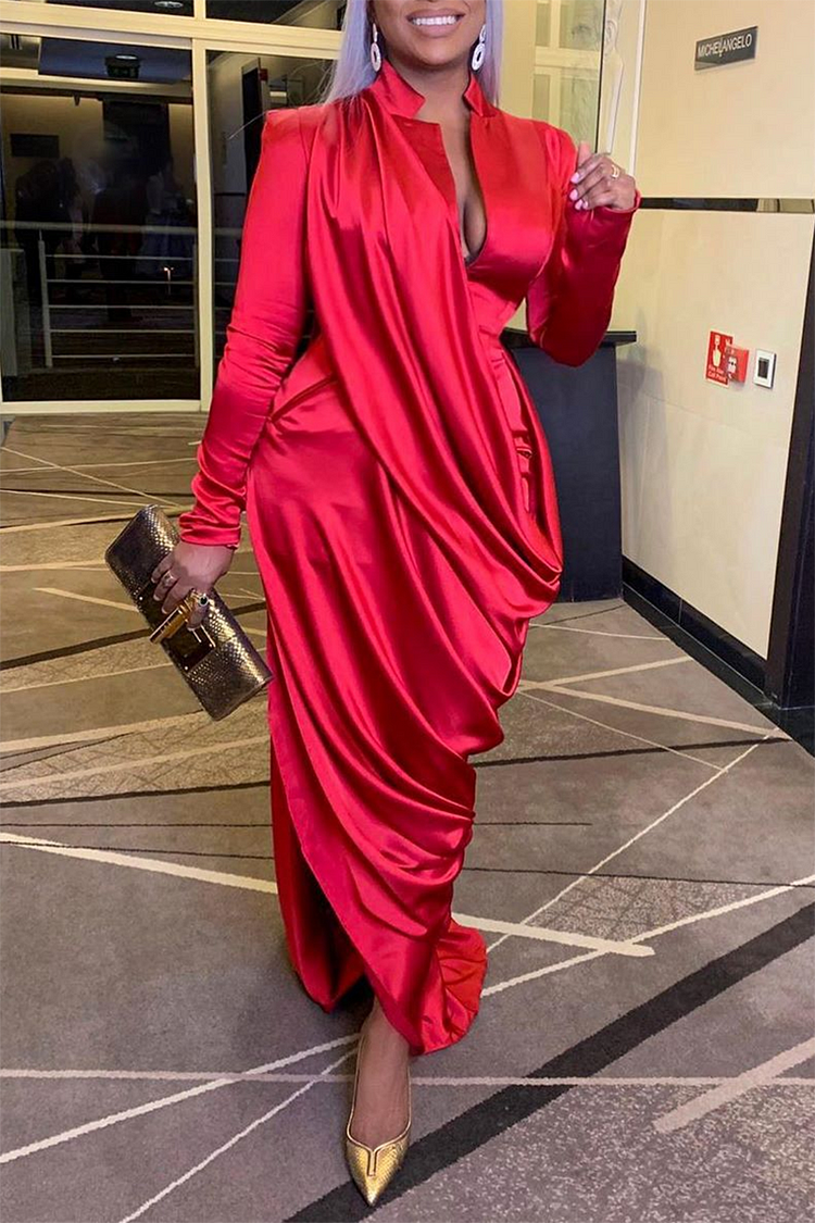 Plus Size Red Satin Stand Collar Party Maxi Dress