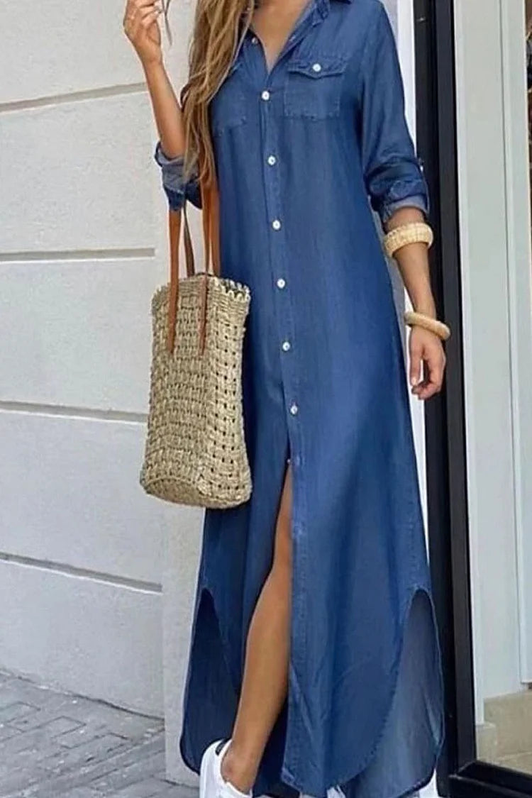 Plus Size Blue Casual Lapel And Flat Button Long Sleeve Denim Shirt Dress Maxi Dresses