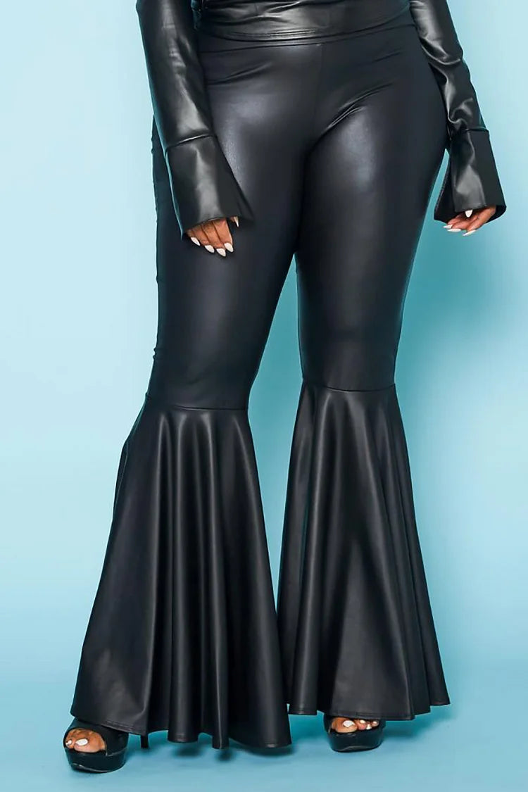 Plus Size Black Daily Flared PU Leather Pants