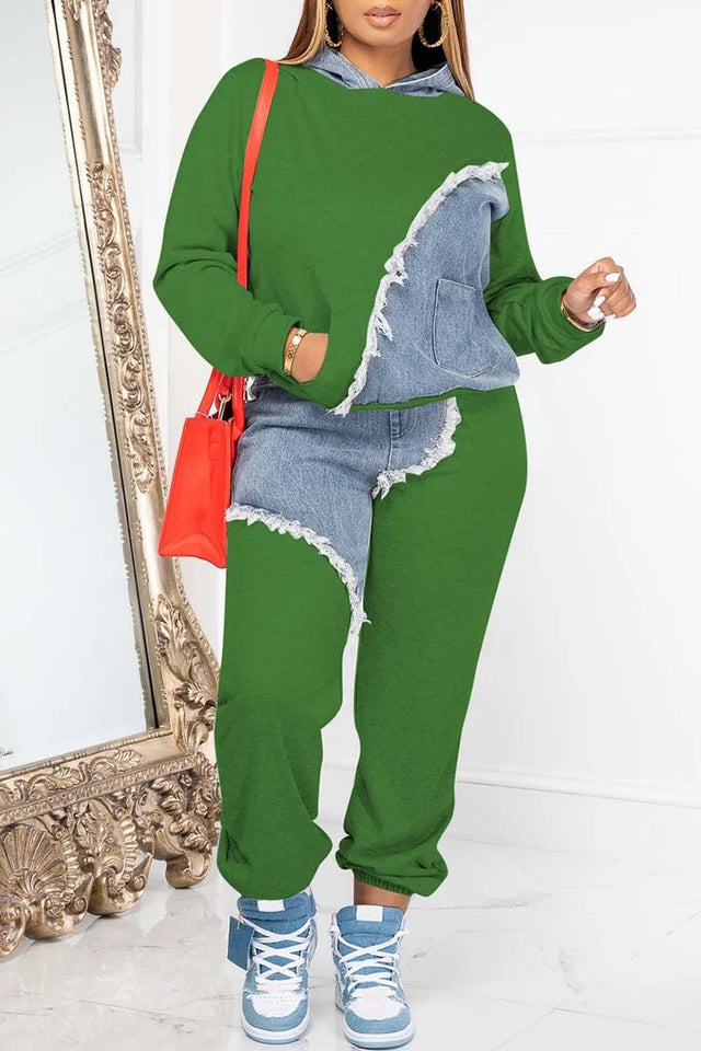 Plus Size Casual Green Colorblock Denim Patchwork With Pocket Hooded Collar Long Sleeve Two Pieces Pants Set Image