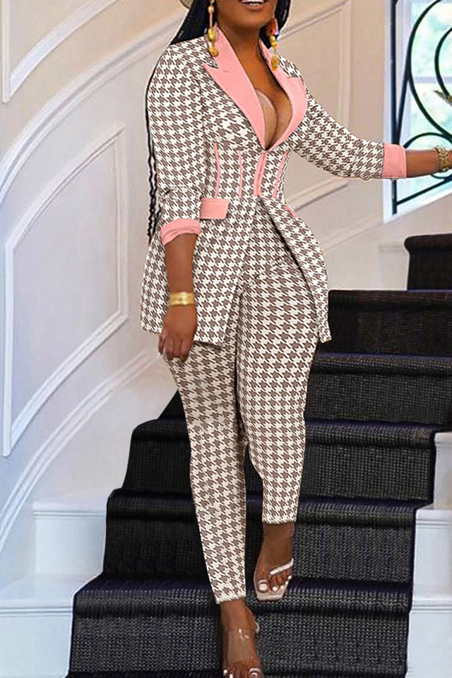 Plus Size Daily Houndstooth Print Patchwork Turndown Collar Long Sleeve Two Pieces Blazer Suit Set Image