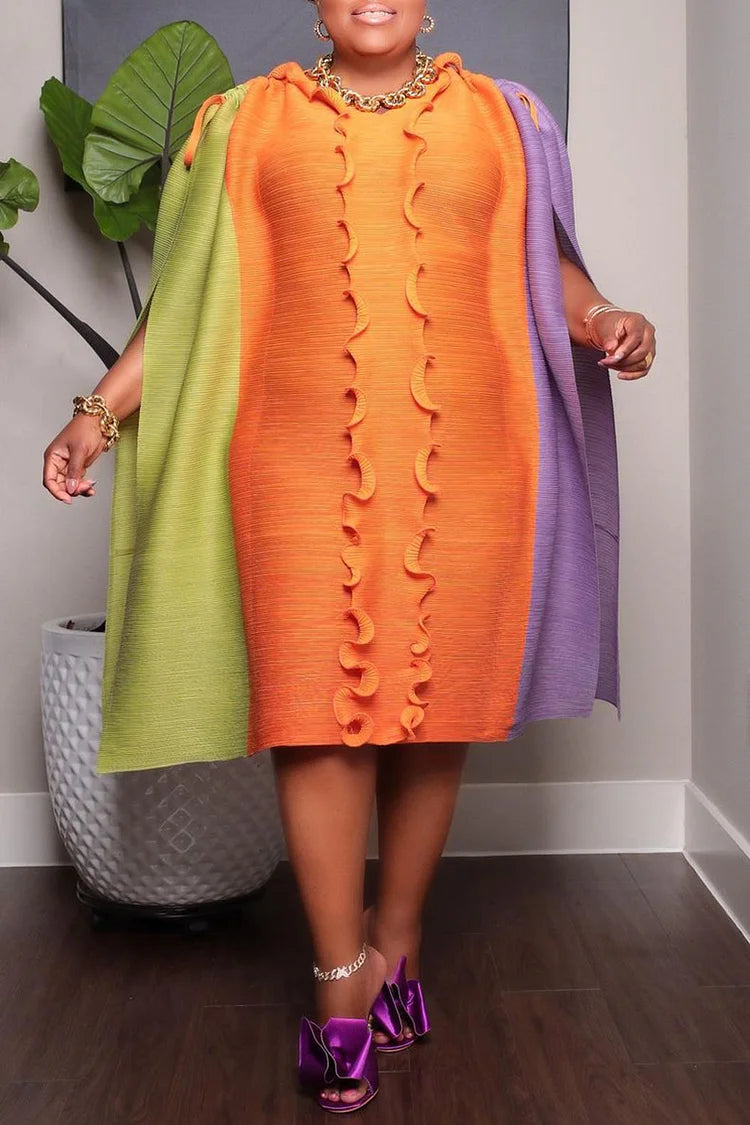 Plus Size Orange Daily Colorblock Pleated Ruffles Shawl Midi Dress