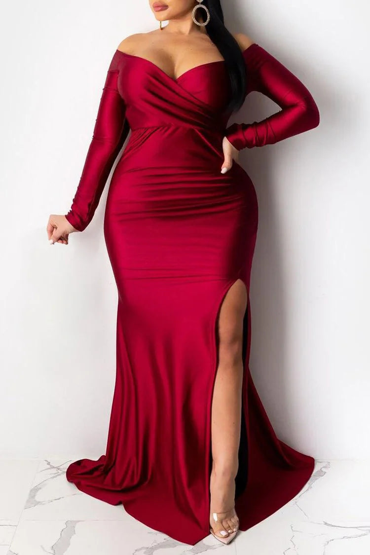 Plus Size Plain Formal Red Off The Shoulder Split Maxi Dress