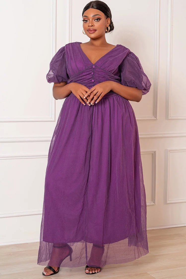 Xpluswear Design Plus Size Elegant Lace Sheer A-line Puff Sleeve Retro Maxi Dress