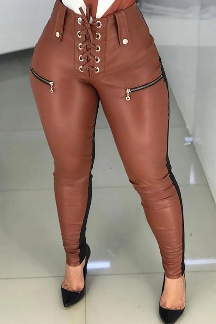 Plus Size Coffee Casual PU Leather Lace Up Zipper Detail Leggings