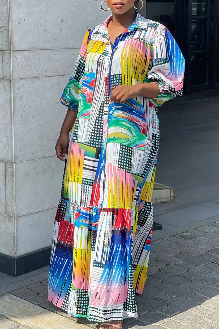 Plus Size Multicolor Daily All Over Print Long Sleeve Maxi Dress