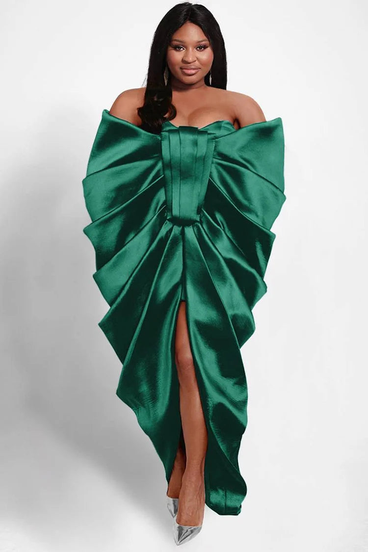 Plus Size Green Formal Satin Off The Shoulder Fold Maxi Dress