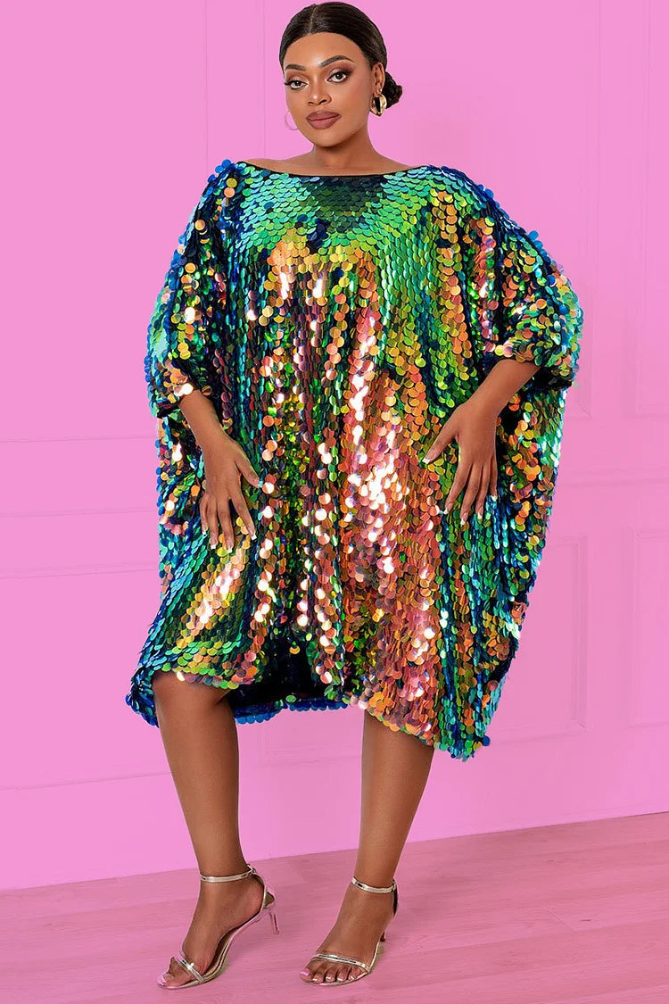 Design Plus Size Party Emerald Green Sparkly Iridescent Round Sequin Glitter Batwing Sleeves Loose Mini Dress(Ships 3/25)