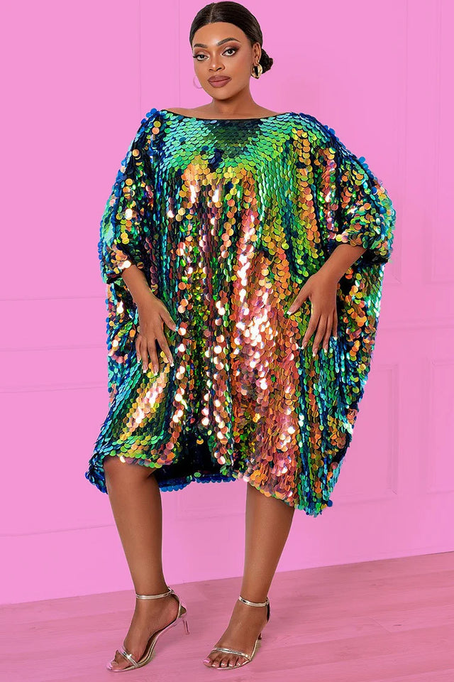 Plus Size Party Emerald Green Sparkly Iridescent Round Sequin Glitter Batwing Sleeves Loose Mini Dress(Ships 3/25) Image