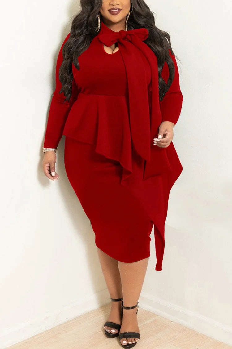 Plus Size Red Daily Bow Tie Long Sleeve Ruffle Midi Dress