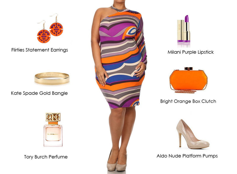 Abstact Off Shoulder Dress with Orange Accents!