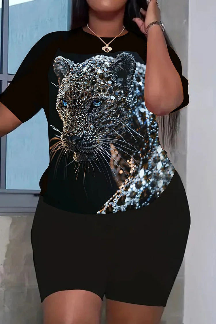 Plus Size Casual Black Animal Print Round Neck Short Sleeve Two Piece Short Set