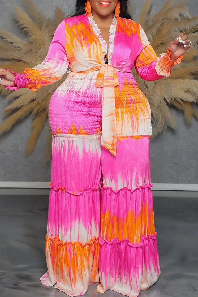 Plus Size Daily Hot Pink Tie Dye V Neck Lantern Sleeve Long Sleeve Smocking Bow Tie Chiffon Two Piece Pant Set Image