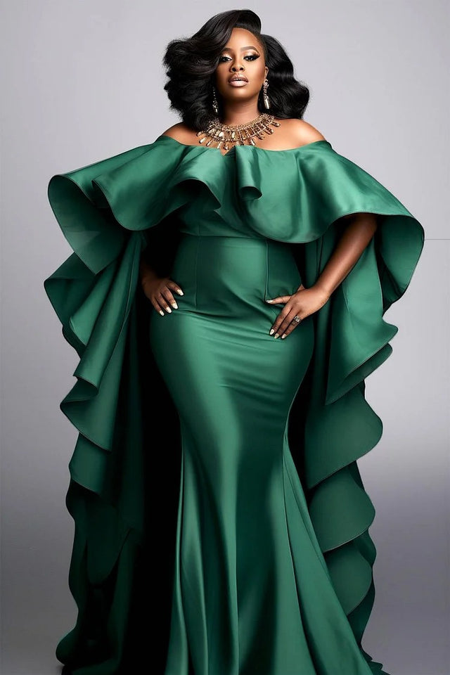 Plus Size Formal Elegant Green Off The Shoulder Satin Maxi Dress Image