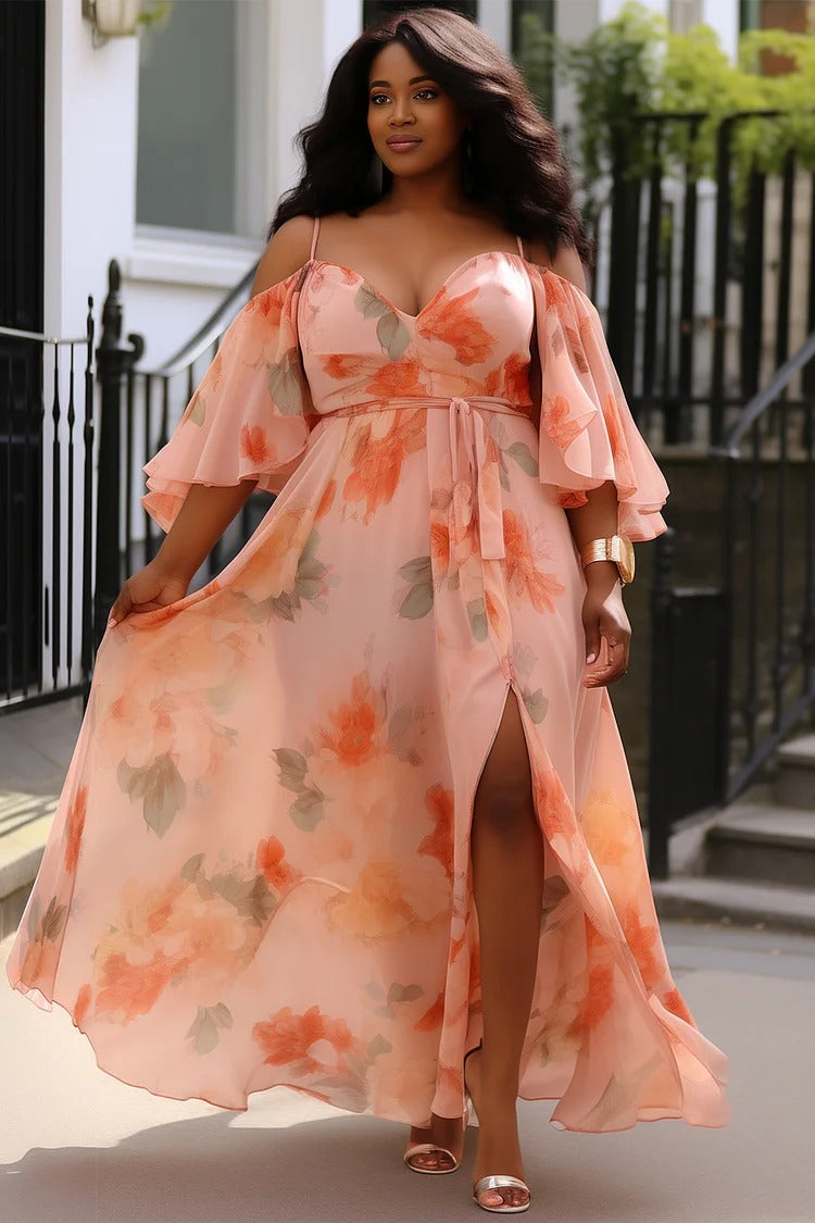 Plus Size Wedding Guest Peach Floral Open Shoulder Half Sleeve Split Wrap Chiffon Maxi Dress