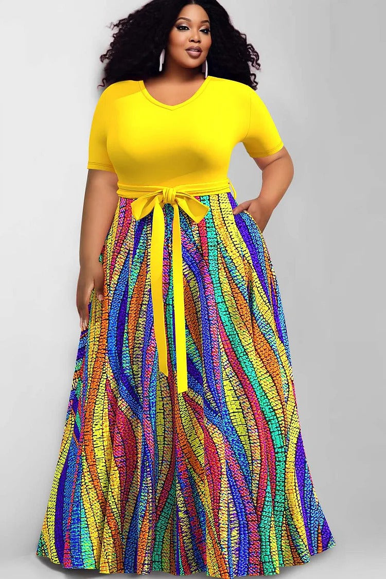 Plus Size Casual Yellow Print V Neck Short Sleeve Wrap Pocket Contrast Maxi Dress Plus Size Casual Yellow Print V Neck Short Sleeve Wrap Pocket Contrast Maxi Dress