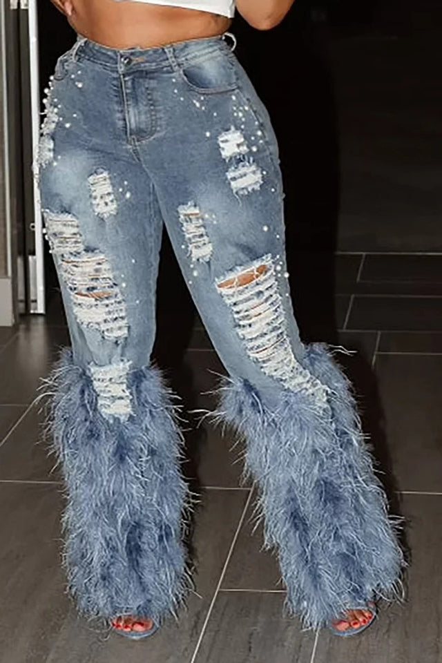 Plus Size Daily Jean Blue Feather Denim Ripped Jean Image