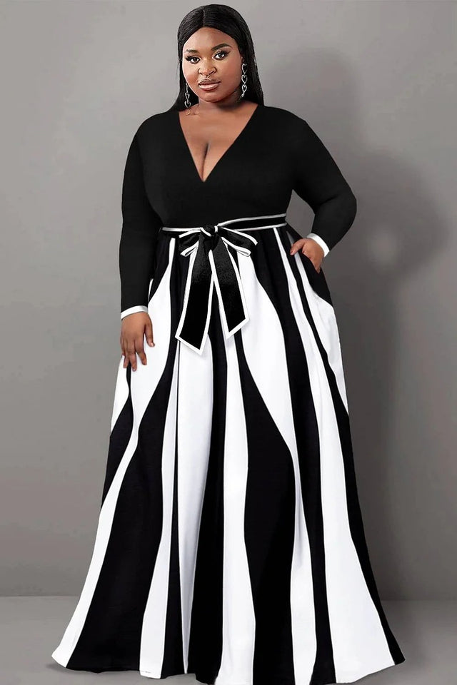 Plus Size Semi Formal Maxi Dresses Casual Black Geometric V Neck Long Sleeve Wrap Knitted Maxi Dresses With Pocket Image