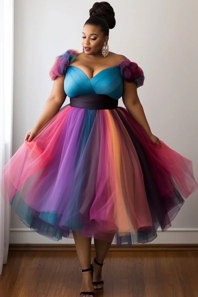 Plus Size Prom Elegant Multicolor Gradient Wrap Neck Tiered Tulle Midi Dress Image