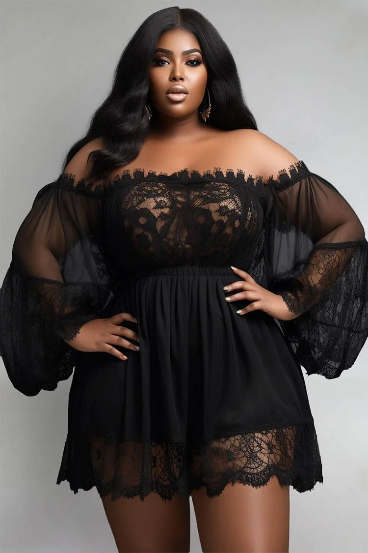 Plus Size Party Mini Dresses Black Off The Shoulder Lantern Sleeve Long Sleeve See Through Lace Mini Dress