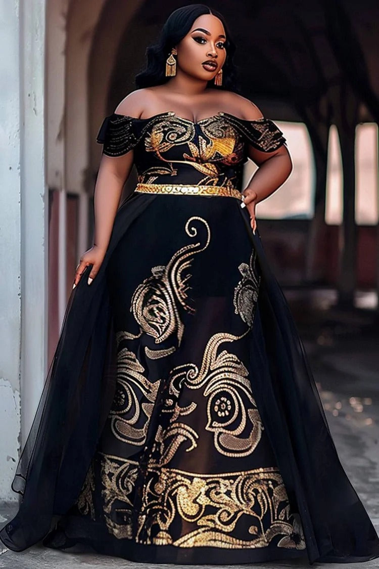Plus Size Formal Black Tribal Off The Shoulder Peplum Satin Maxi Dress Plus Size Formal Black Tribal Off The Shoulder Peplum Satin Maxi Dress
