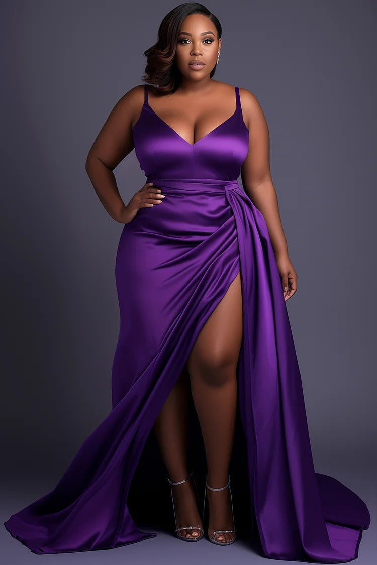 Plus Size Evening Gowns Purple V Neck Split Fold Satin Maxi Dress Plussizefix Plus Size Evening Gowns Purple V Neck Split Fold Satin Maxi Dress Plussizefix