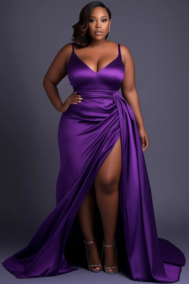 Plus Size Evening Gowns Purple V Neck Split Fold Satin Maxi Dress Image