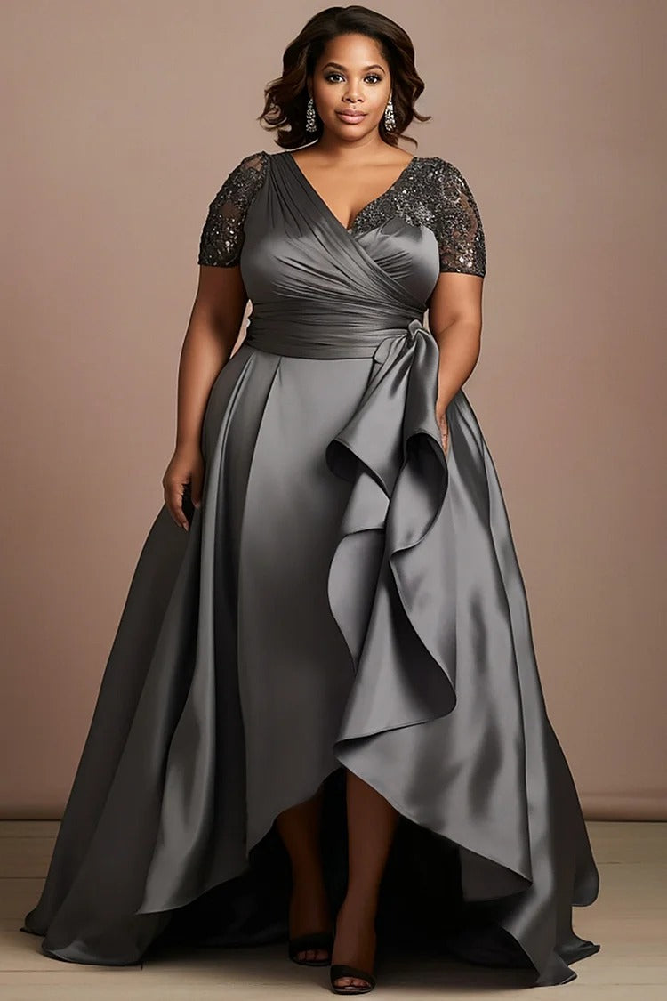 Plus Size Mother Of The Bride Grey Wrap Neck Short Sleeve Drilling Asymmetric Hem Satin Maxi Dress
