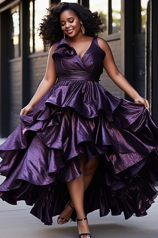 Plus Size Party Midi Dresses Elegant Purple V Neck Asymmetric Midi Dress Image